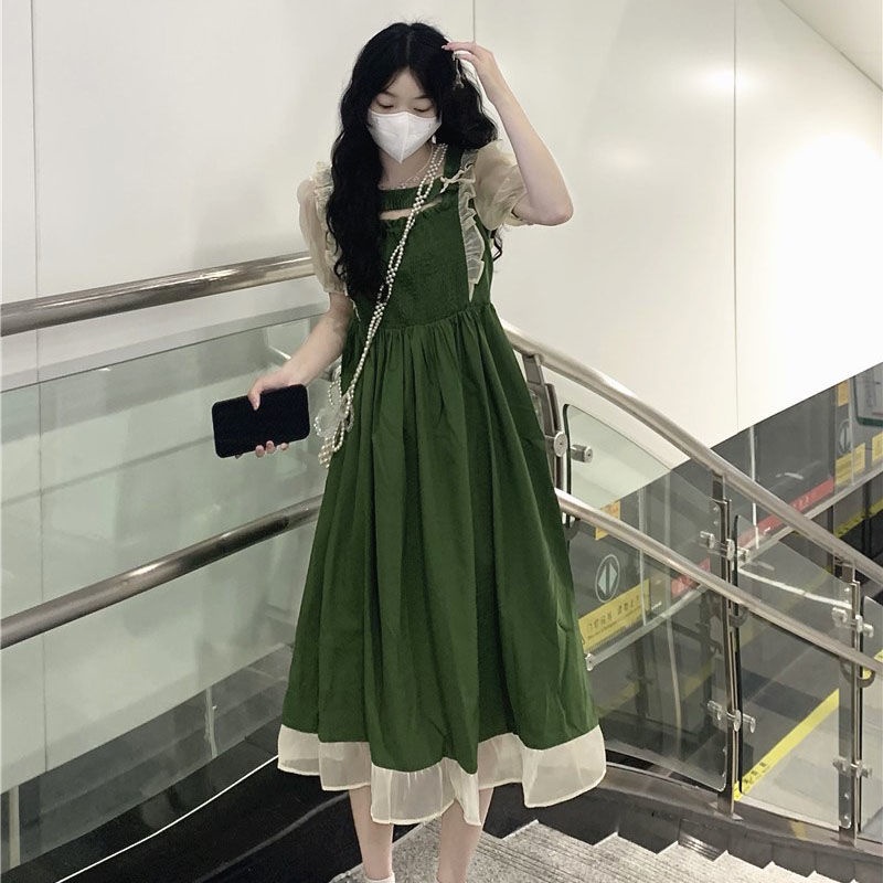 Đầm Midi Chữ A Cổ Vuông Phối Ren Màu Xanh Lá Phong Cách Hàn Quốc Ngọt Ngào Thời Trang Mùa Hè Cho Nữ