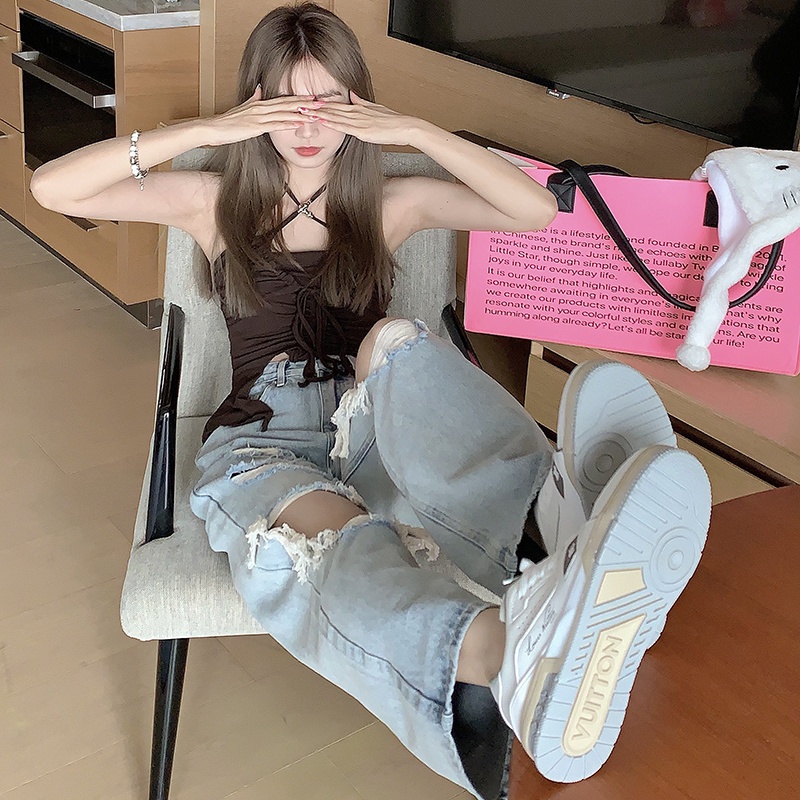 Jiashucheng Quần Denim Ống Rộng Rách Gối Thời Trang Mùa Hè Phong Cách Hàn Quốc Cho Nữ