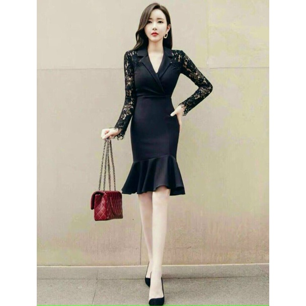 ĐẦM BODY ĐUÔI CÁ CỔ VEST PHỐI REN MI