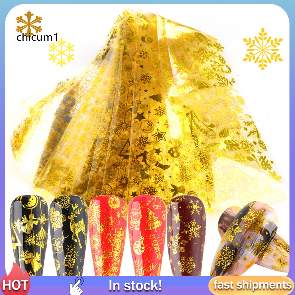 (Hàng Mới Về) Set 10 Miếng Dán Trang Trí Móng Tay Họa Tiết Bông Tuyết Giáng Sinh