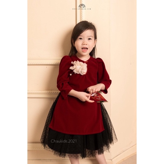 Set Áo dài cổ tròn nơ ngực cho bé gái