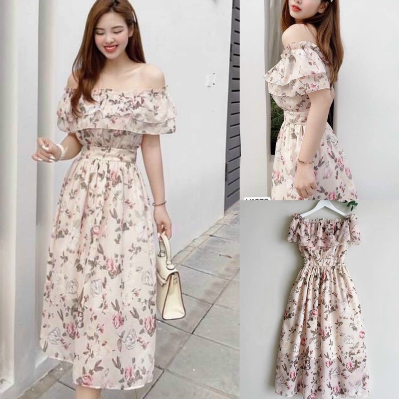 Đầm maxi trễ vai voan hoa đi biển cực xinh dịu dàng