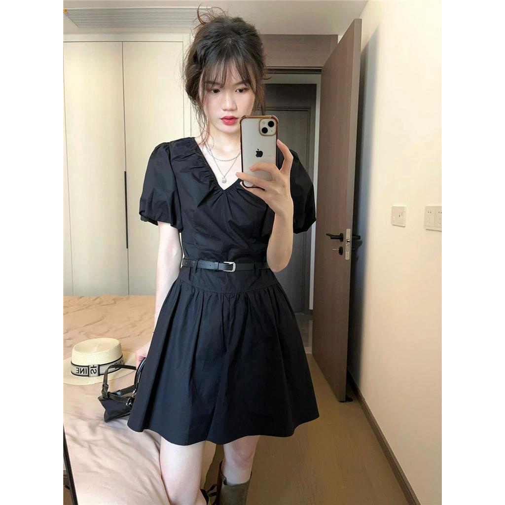 Đầm Đen Cổ Chữ V Eo Cao Dáng Ôm Có Thắt Lưng Thời Trang 63849