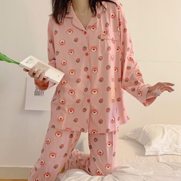 Bộ ngủ pijama dài tay thu đông mặt gấu siêu xinh