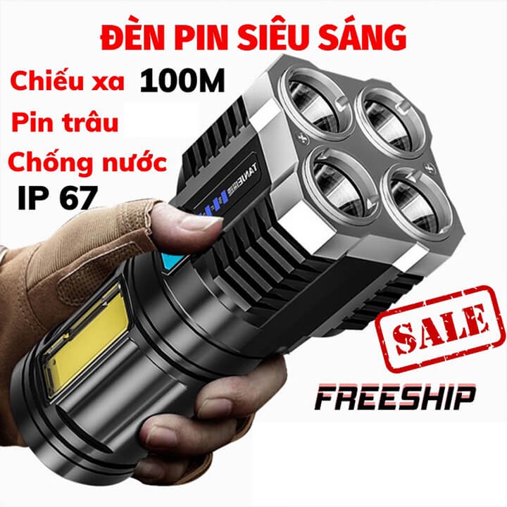 Đèn Pin Siêu Sáng Cầm Tay Chiếu Xa 4 Chế Độ Sáng Tiện Dụng, Có COB Đèn LED, Đèn Pin Mini 4 Bóng Chống Thấm Nước