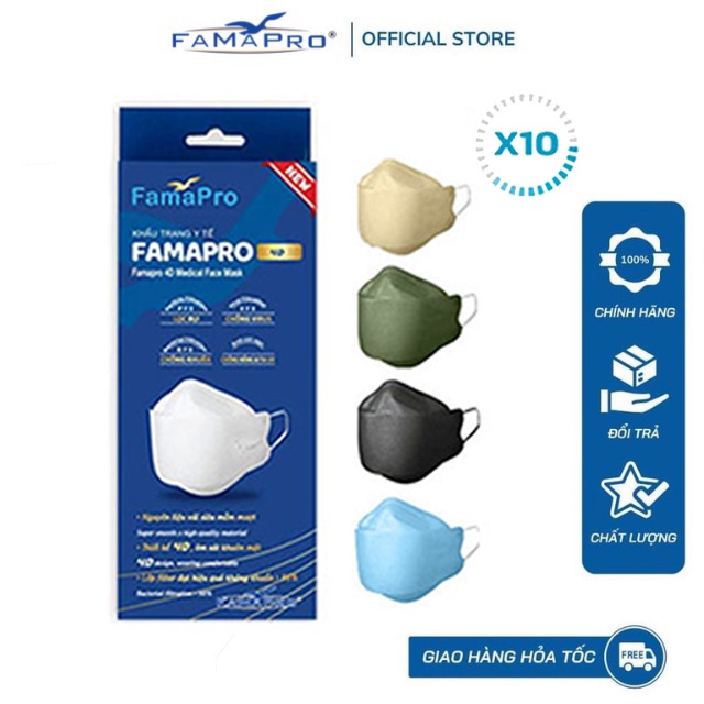 Combo 10 Hộp khẩu trang y tế cao cấp kháng khuẩn 3 lớp Famapro 4D