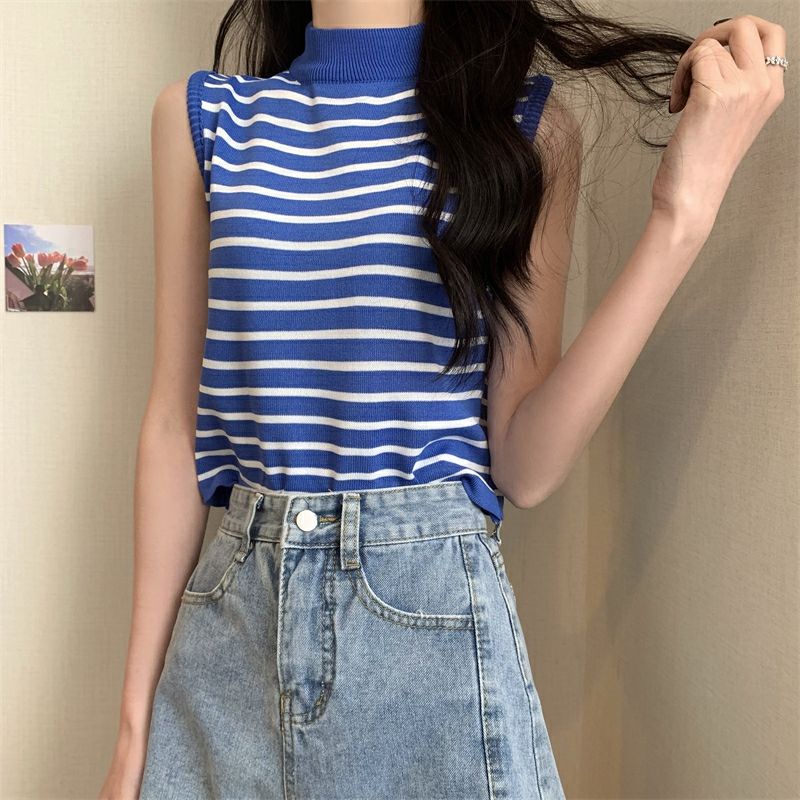 Áo Sweater Không Tay Dáng Ôm Họa Tiết Kẻ Sọc Trắng Đen Thời Trang Mùa Hè 【ZHELIHANGFEI】 / 2022