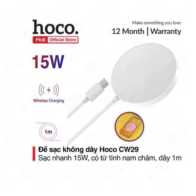 Đế sạc không dây Hoco CW29 sạc nhanh 15W, hỗ trợ sạc cho nhiều thiết bị có tính năng không dây, từ tình nam châm, 1m