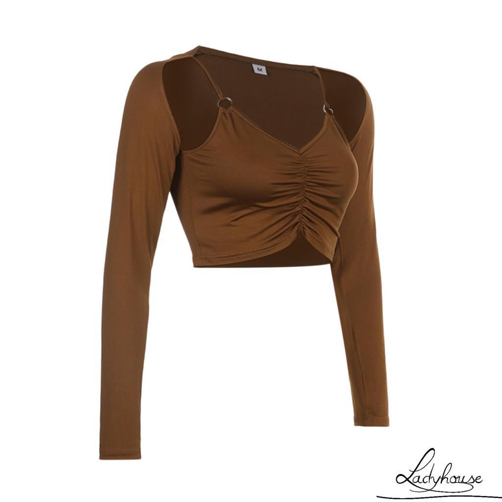 Áo Croptop Tay Dài Cổ Chữ V Màu Trơn Thanh Lịch Thời Trang Mùa Hè Cho Nữ