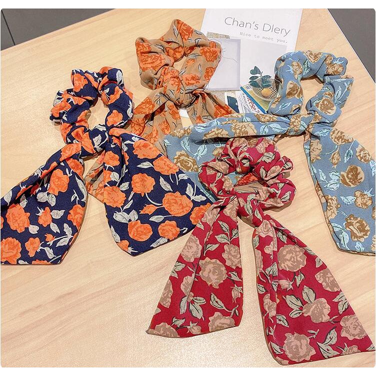 Dây Cột Tóc Thắt Nơ In Họa Tiết Hoa Phong Cách Hàn Quốc Cổ Điển Thời Trang Cho Nữ