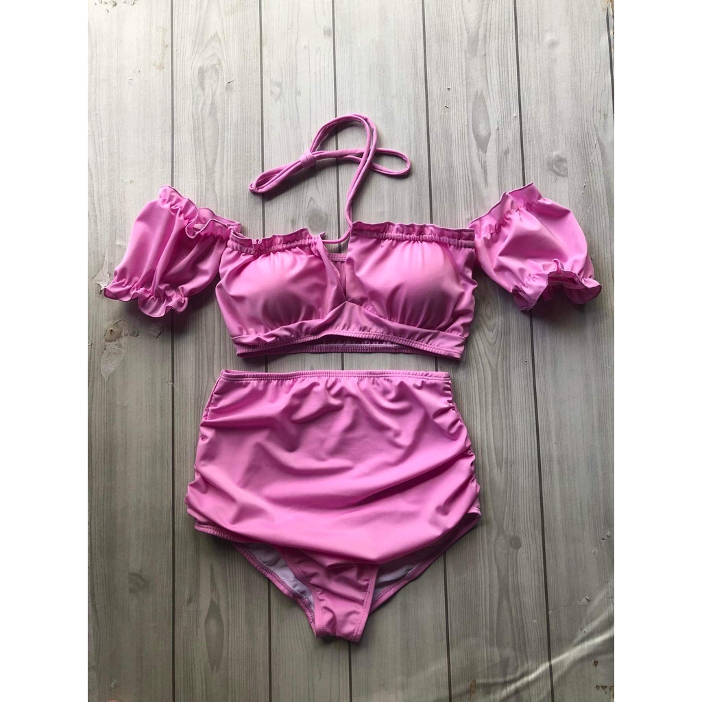 Bikini 2 mảnh quần lưng cao che bụng tay nhún bèo KONKUN MS109