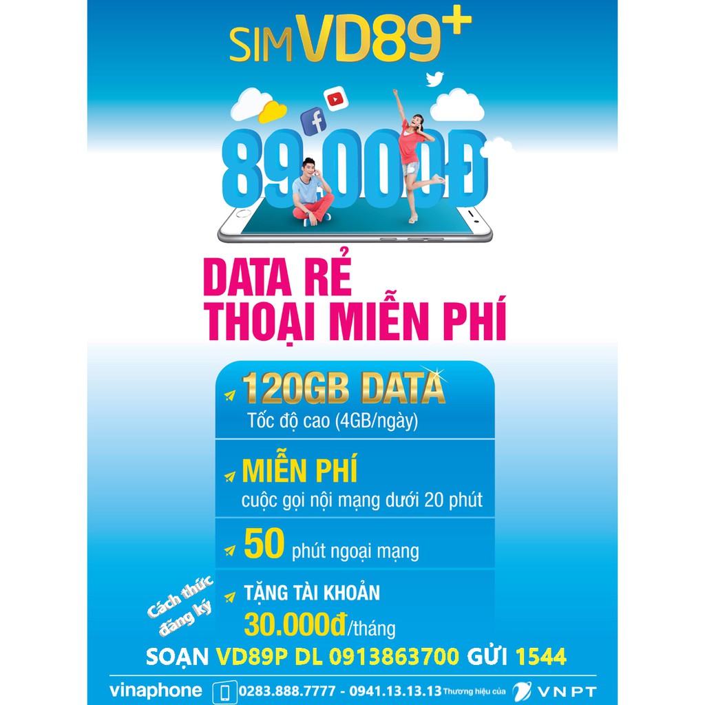 Sim 4G 5G Vinaphone VD89 - VD149 - D60G - D500 - U1500 1 năm không nạp tiền