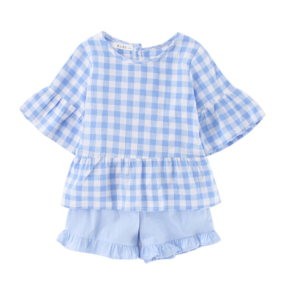 Bộ Đồ Sanlutoz 2 Món Tay Ngắn Màu Xanh Dương Kẻ Sọc Thời Trang Cho Bé Gái