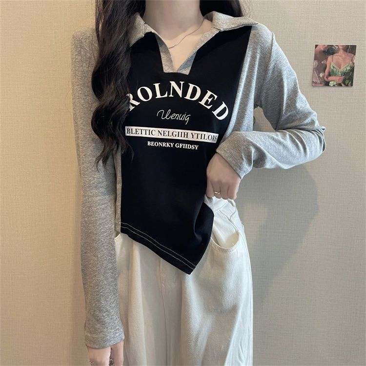 Jiashucheng Áo Thun polo Tay Dài Hở Vai Ôm Dáng Màu Sắc Tương Phản Thời Trang Thu Đông Cá Tính Cho Nữ Ir