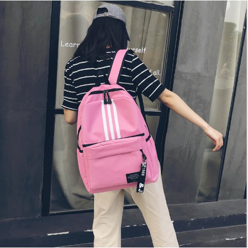 ⚡Chuyên Sỉ⚡ Balo Tee Thời Trang Chất Bố Họa Tiết 3 Sọc - Size 38x30x10 ( Đen - Xám - Hồng )