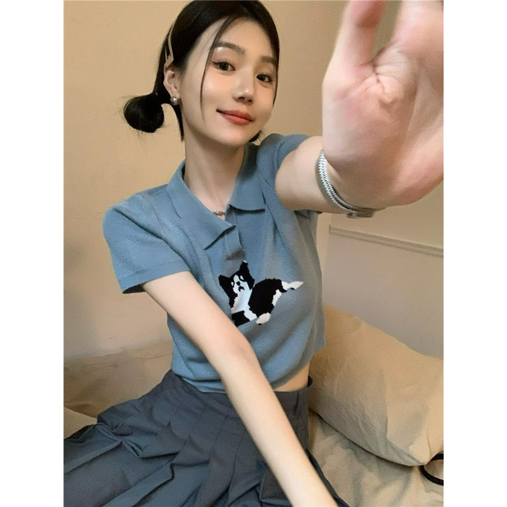 Áo Thun Dệt Kim Ngắn Tay In Hình Mèo Đáng Yêu Dành Cho Nữ 61342