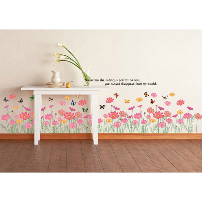 Decal trang trí chân tường Hoa Dại nhiều màu cùng bướm