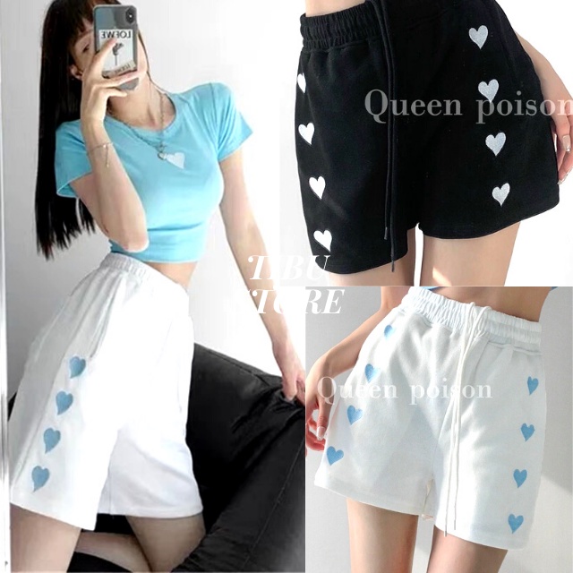 Quần đùi nữ mặc nhà sọc viền tim TIBU, quần short ngắn cạp chun phong cách Ulzzang