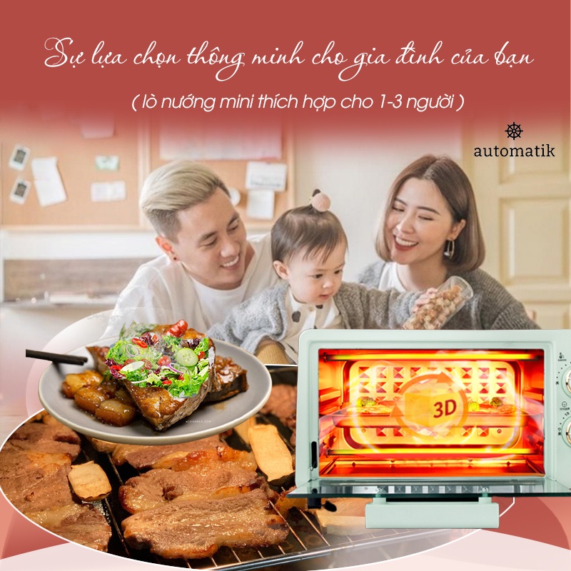 [BH 12 Tháng] Lò Nướng Điện Mini Đa Năng Nướng Bánh, Thịt, Pizza Chín Đều 12L + Tặng Găng Tay Cách Nhiệt - Automatik