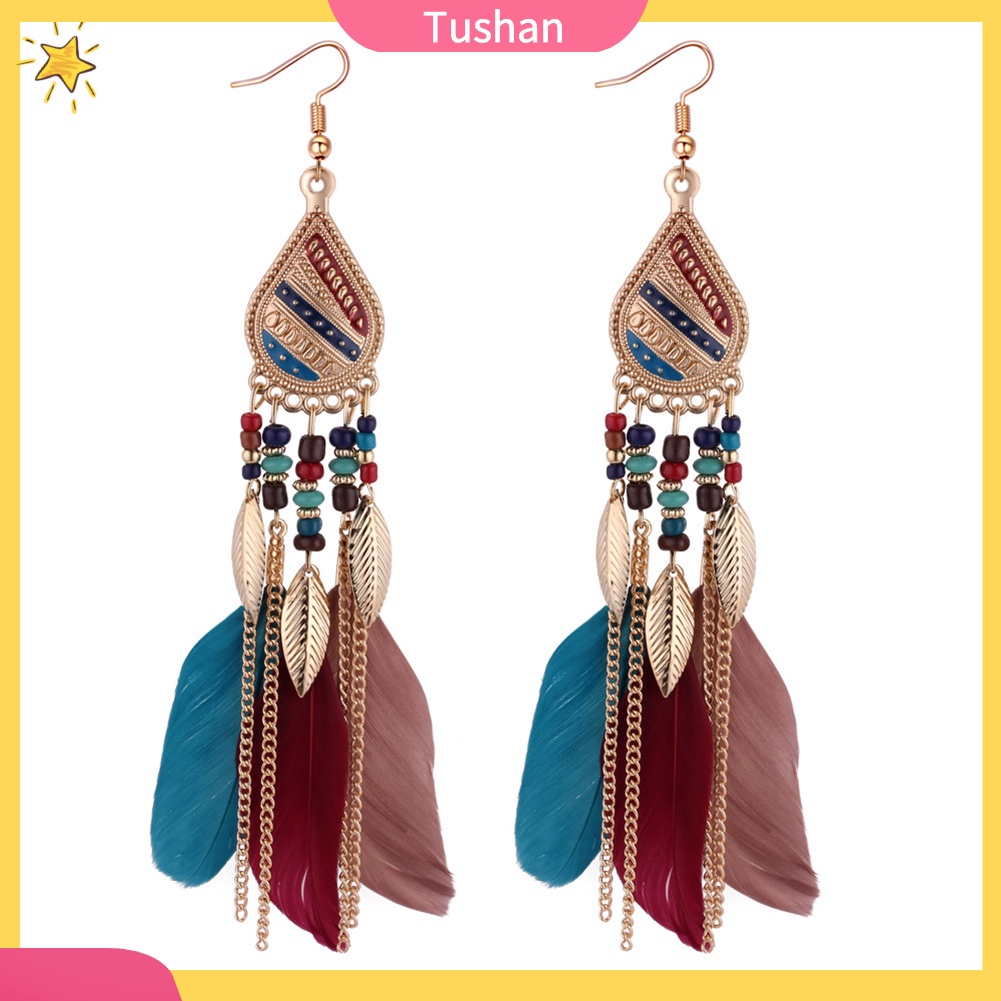 Khuyên tai dáng dài đính lông vũ phong cách thanh lịch dành cho nữ