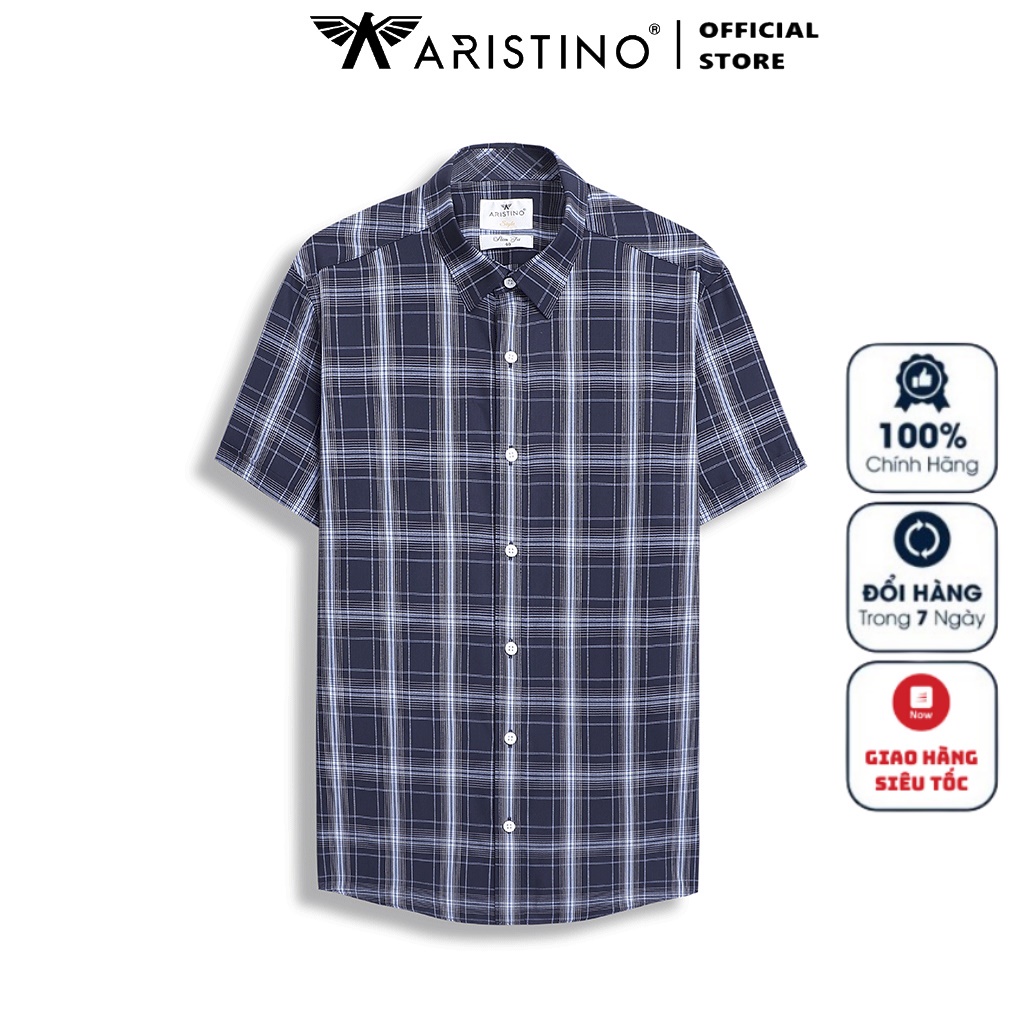 Áo Sơ Mi Nam Ngắn Tay ARISTINO ASS416S2 Somi Công Sở Cao Cấp màu xanh tím than kẻ Vải sợi sồi Dáng ôm tà lượn không túi