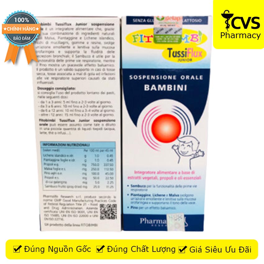 FITOBIMBI TUSSIFLUX JUNIOR hỗ trợ giúp giảm các triệu chứng ho, ho có đờm 200ml , Cvspharmacy