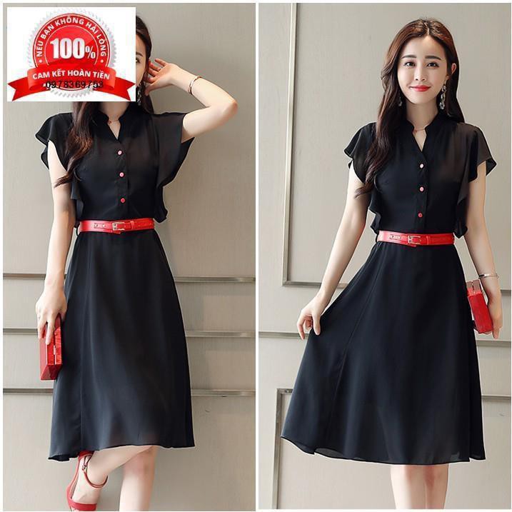 Đầm dáng xòe đầm váy xoè nữ dự tiệc công sở dạo phố cao cấp màu đen Cổ Trụ tay cánh dơi Tặng kèm thắt lưng
