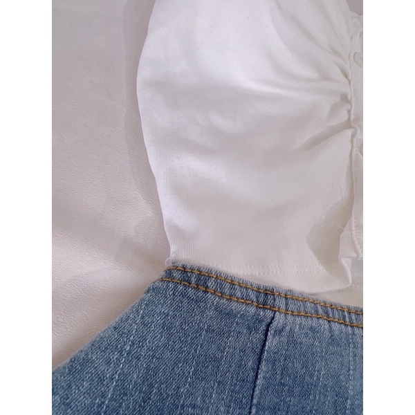 Set áo ống đính nút có mút ngực và chân váy jean tầng phối nút alohashop91