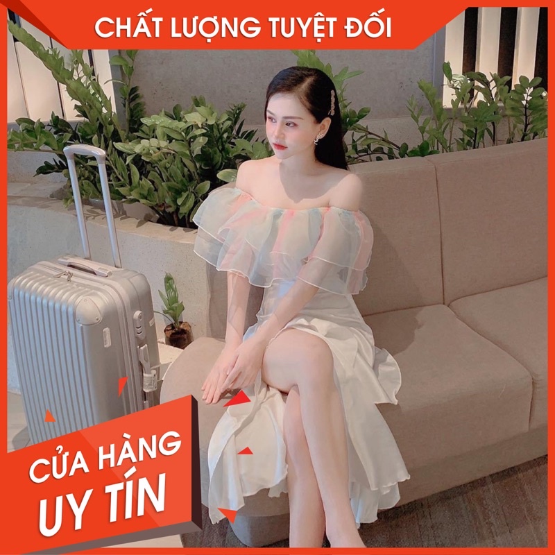 Set áo trễ vai cầu vồng + váy bèo
