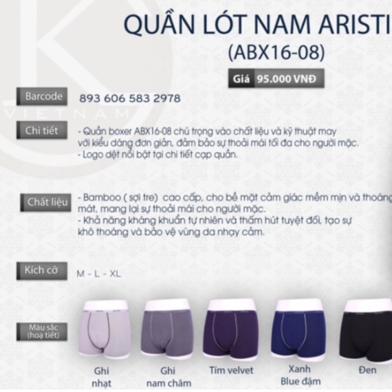 Quần lót nam cao cấp Aristino ABX1608 sịp đùi boxer nhiều màu chất liệu sợi tre mềm mịn thoáng mát thấm hút khử mùi