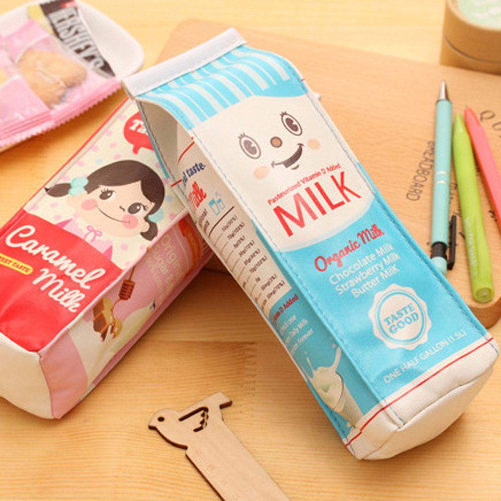 Túi Đựng Bút Bằng Da Pu Chống Thấm Nước In Hình Hộp Sữa Dễ Thương Sáng Tạo
