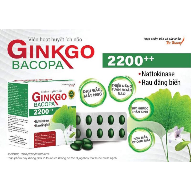 VIÊN HOẠT HUYẾT ÍCH NÃO GINKGO Bacopa 2200++ Giúp Tăng Cường Tuần Hoàn Máu (Hộp 60v)