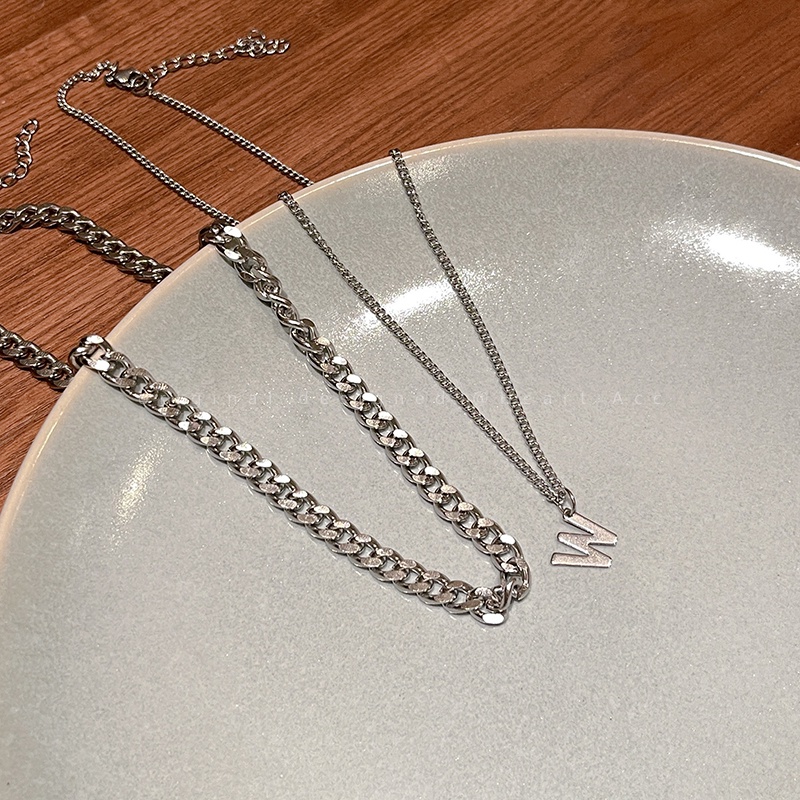 Vòng cổ Hai Lớp Mặt Chữ W Phong Cách hip hop Đơn Giản