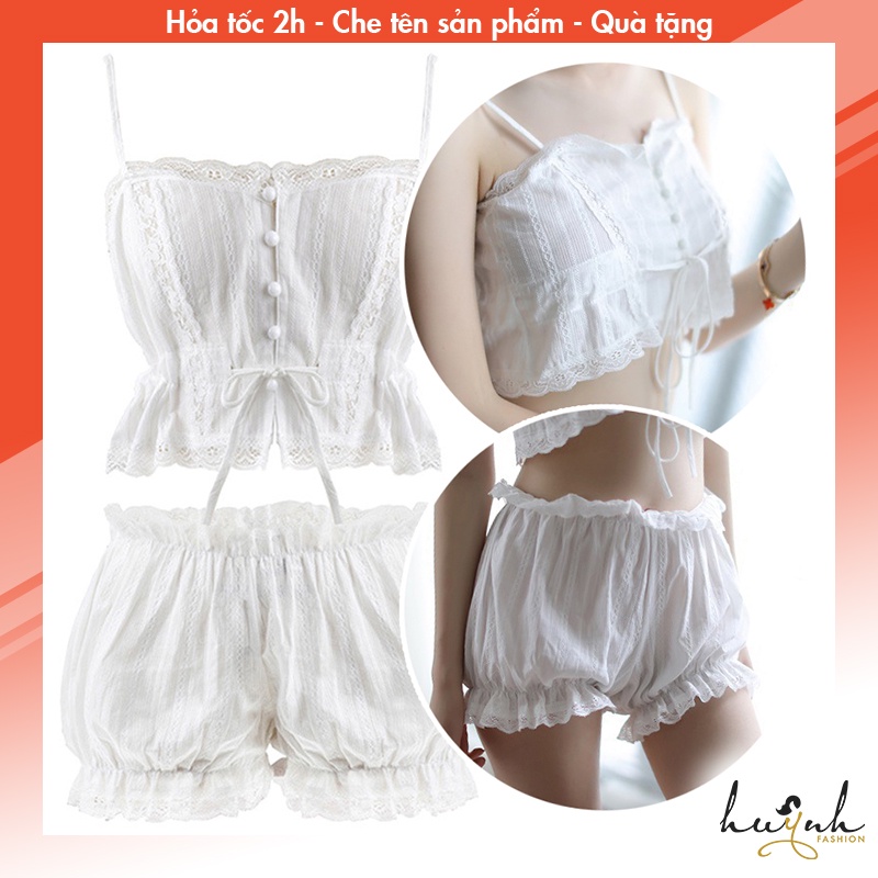 Bộ đồ ngủ croptop tiểu thư hai mảnh dễ thương chất đũi cao cấp- N84