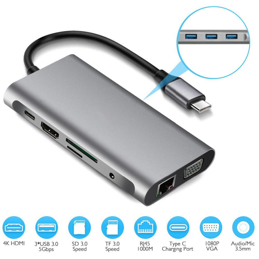 Bộ chuyển đổi hub 10 trong 1 USB type C to USB3.0  / HDMI / PD / RJ45 / SD / TF card / VGA / Audio 3.5 10 in 1