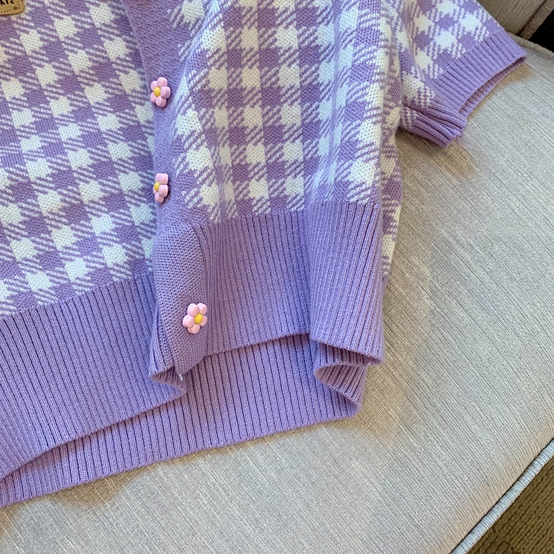 Áo Sweater Dệt Kim Ngắn Tay Họa Tiết Sọc Caro Phong Cách Hàn Quốc