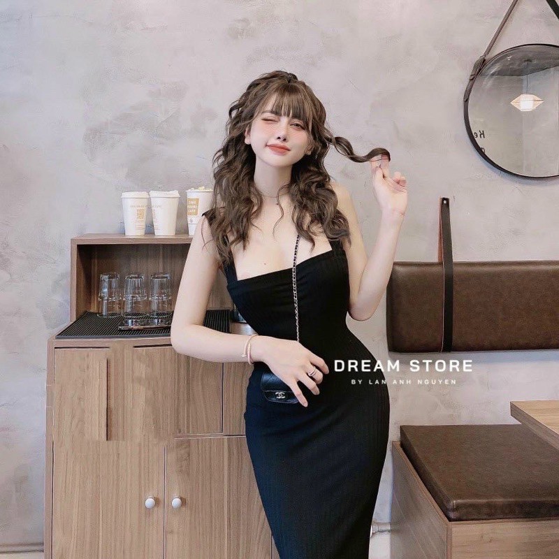 Váy ôm body dáng dài 2 dây bản to chất len gân dày dặn co giãn