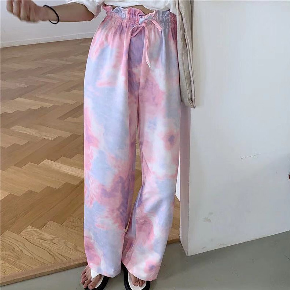 Korean Style Tie Dye Straight Pants Women High Waist Loose Casual Elastic Waist | BigBuy360 - bigbuy360.vn