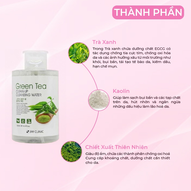 Nước tẩy trang trà xanh 3W Clinic Hàn Quốc chiết xuất lá trà xanh giúp da sạch lớp trang điểm giảm dầu mụn 500ml