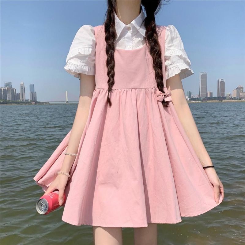 Đầm lưng cao kèm áo sơ mi cánh hoa 100% ảnh thật