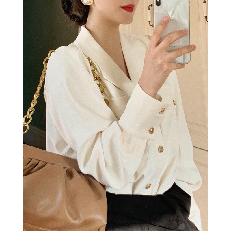 Áo sơ mi ZHELIHANGFEI tay dài cổ chữ V dáng rộng phong cách Pháp thời trang