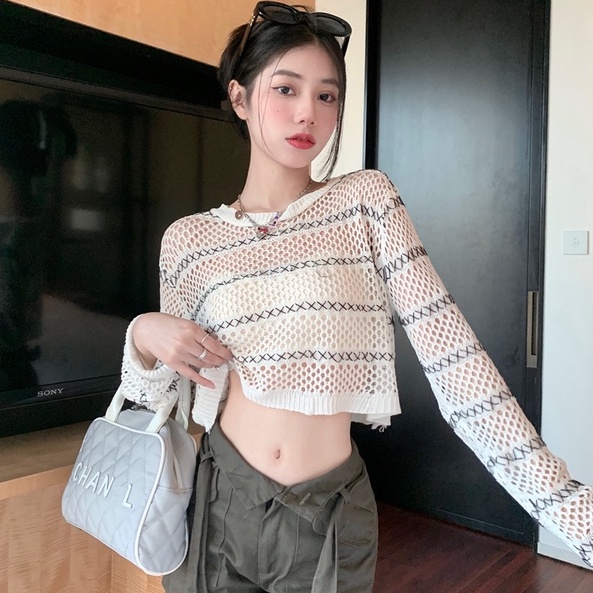 Áo kiểu ZHELIHANGFEI vải dệt kim tay dài chống nắng lưng cao hở eo họa tiết kẻ sọc ngang