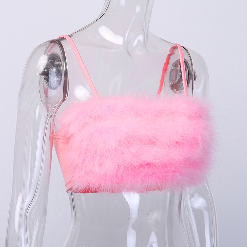 Áo hai dây màu trơn phối lông nhung thời trang quyến rũ cho nữ