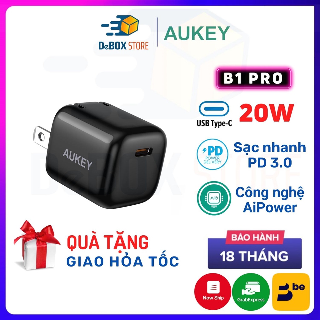 【Giao Hỏa Tốc】Cốc Sạc Nhanh 20W Omnia Aukey PA-B1 Pro Công nghệ GAN 2 Trong 1 PD 20W + QC 18W - Chính Hãng