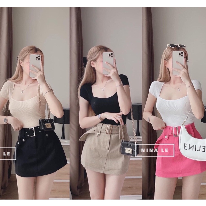 Chân váy kaki phối đai nút trước kèm dây nịt(có quần lót trong) s TT0706