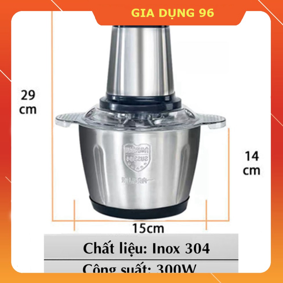 Máy Xay Thịt Cối Inox 2L Công Suất 300W, Cối Xay Thực Phẩm Đa Năng 4 Lưỡi Đa Năng