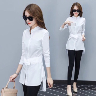 ÁO SƠ MI TRẮNG FORM DÀI CỔ TRỤ