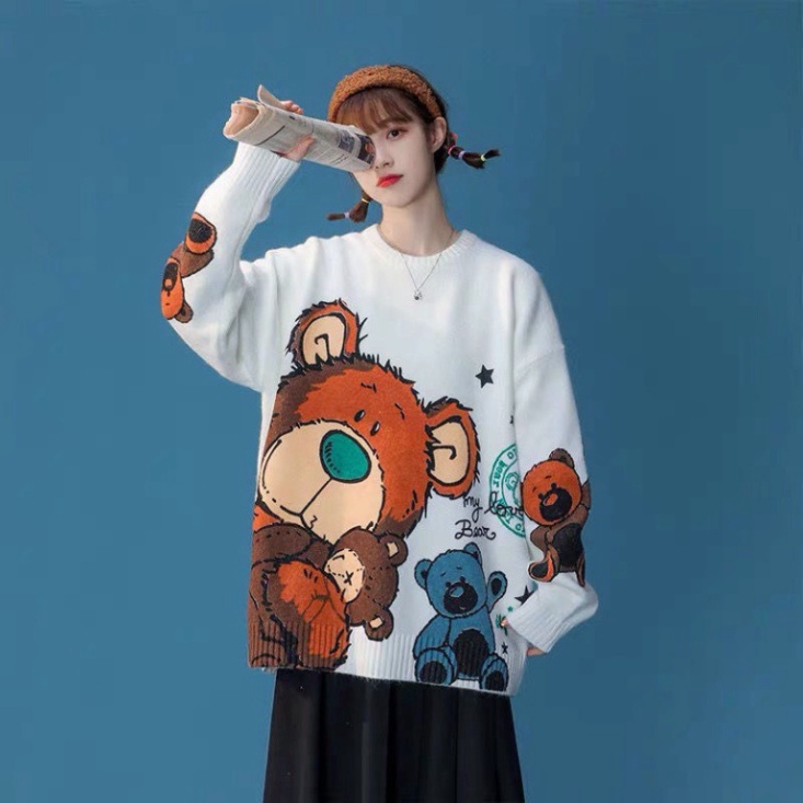 Áo Len Dài Tay UniSex Quảng Châu, Áo Len Form Rộng Kiểu Hàn Hình Gấu Kute