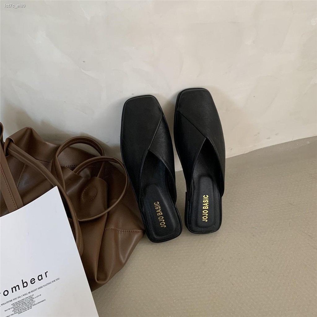 Baotou half sandals nữ 2021 mới mặc bên ngoài mùa hè đi dép quai hậu mũi vuông và lê lười đế bệt mềm