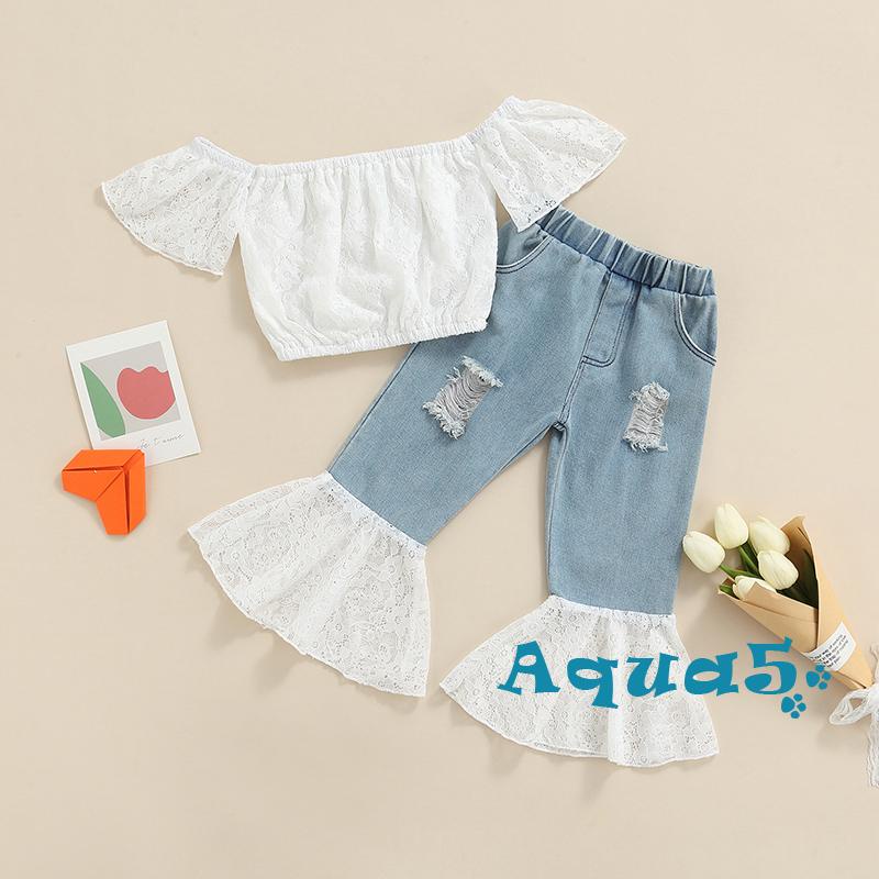 Set 2 món áo trễ vai tay ngắn màu trơn phối ren + quần jeans rách cho bé gái sơ sinh